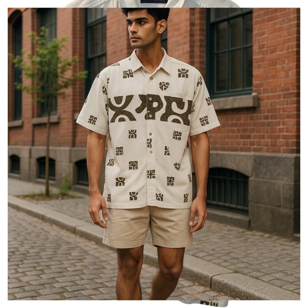 Men's, short sleeve shirt, Off White & Brown Patterns, 100% Cotton, Size Large.